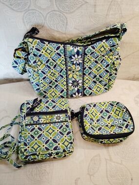 Vera Bradley Blue & Green Quilted Crossbody Bag with Matching Pouches
